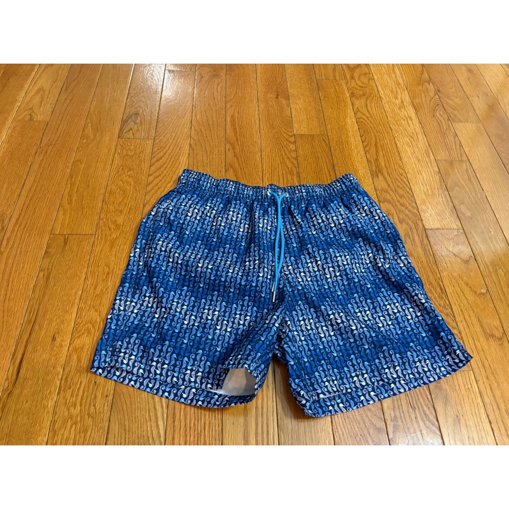 Lands End Mens Blue Seahorse Print Swim Trunks Mesh Lined‎ Size Medium 32-34